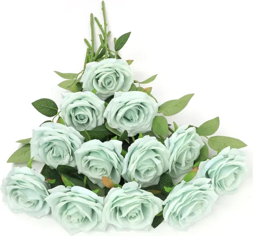 Vista 23 de LVEFIT 12 rosas artificiales de seda con tallo largo para bodas, despedidas de soltera, fiestas, decoración del hogar Blush