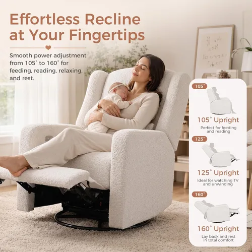 Vista 4 de Mecedora reclinable giratoria eléctrica, gran comodidad, para guardería, color crema Mecedora suave con almohada lumbar y puerto de carga USB