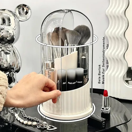 Vista 2 de Organizador de brochas de maquillaje giratorio cubierto con tapa, organizador de brochas de maquillaje para tocador, escritorio, baño, encimera