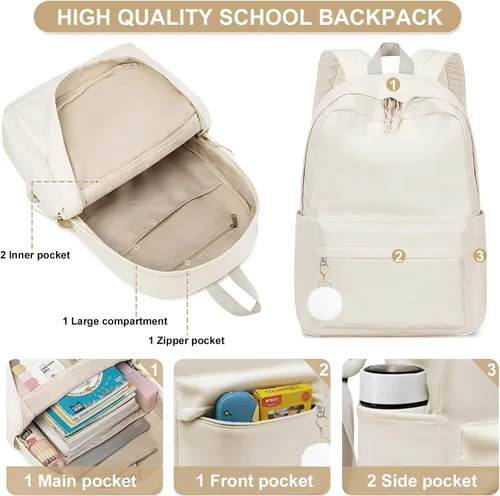 Vista 5 de Bluboon Mochila para la escuela para niños, mochila para niñas, mochila para computadora portátil, regalos para mujeres, Pelota de felpa beige