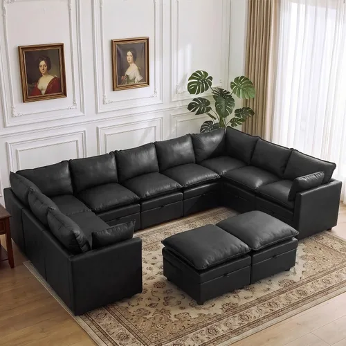 Vista 44 de Otomana cuadrada grande de 27 pulgadas con almacenamiento, reposapiés tapizado moderno con patas antideslizantes para sofá, mesa de café, sala