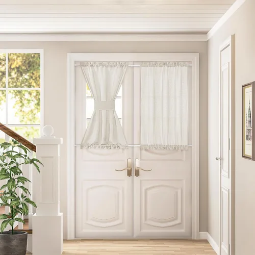 Vista 45 de Cortinas de cocina de lino semitransparente beige de 24 pulgadas de largo, 2 paneles Cream, Cafe Short Curtains, for Bathroom Small Windows, Light