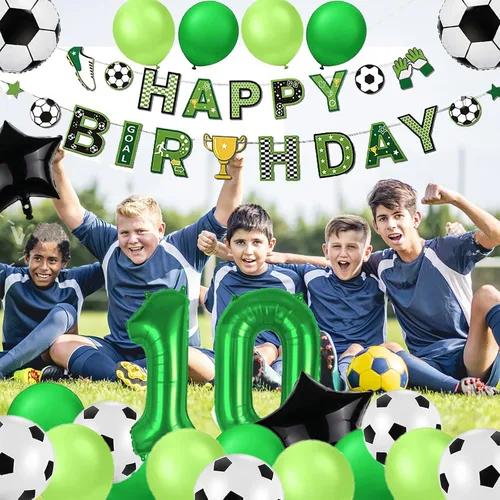 Vista 5 de Decoraciones de fiesta de cumpleaños número 10 para niños, decoraciones de fiesta de cumpleaños de fútbol, pancarta de feliz cumpleaños, suministros