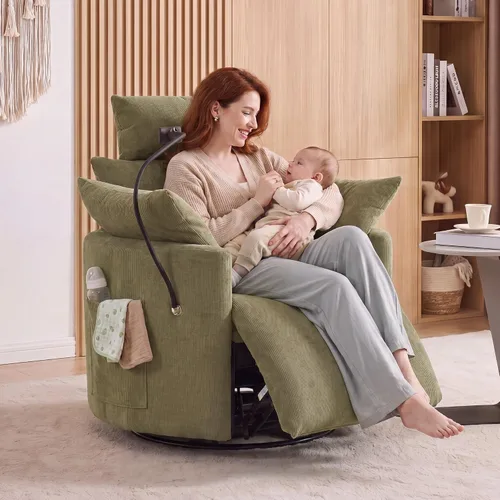 Vista 15 de FOXHUNTER Mecedora mecedora Power Glider, mecedora giratoria de 360°, con puerto de carga USB y soporte para teléfono, reposapiés, para sala