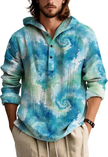 Vista 5 de Camisas de manga larga con estampado de teñido anudado para hombre, sudadera con capucha de 3 botones, sudadera retro cómoda con capucha