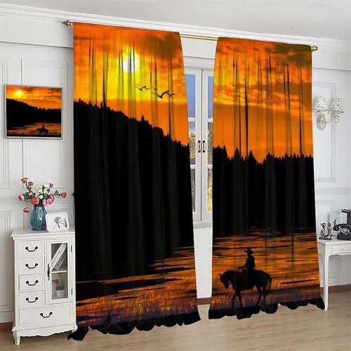 Vista 4 de Cortinas opacas de vaquero americano para sala de estar, atardecer occidental, rústico, vaquero, equitación, cortinas de ventana, aislamiento