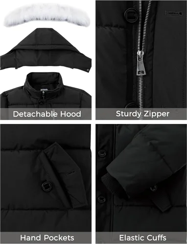 Vista 6 de Skieer Chaqueta acolchada con capucha para hombre, abrigo de invierno impermeable para exteriores, parka cálida con capucha desmontable