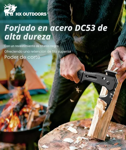 Vista 2 de HX Outdoors - Hacha táctica plegable de supervivencia multiherramienta, hoja de acero DC53 con titanio negro, hacha de camping con martillo