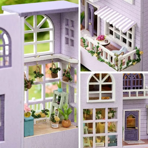Vista 6 de Spilay Casa de muñecas Kit de muebles de madera en miniatura, mini casa de muñecas hecha a mano con LED, escala 1:24, juguetes creativos para Casa