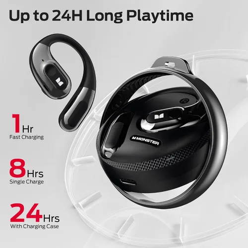 Vista 4 de Monster Audífonos de oreja abierta AC330, auriculares inalámbricos Bluetooth 5.4 con conversación clara, elegante funda giratoria con cordón, carga