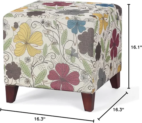 Vista 2 de Joveco Reposapiés otomano cuadrado de 16.3 pulgadas, moderno taburete de tela de lino floral con patas de madera maciza, banco de zapatos tapizado
