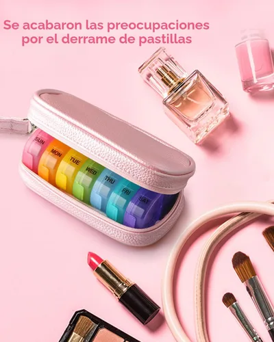 Vista 2 de AMOOS Lindo organizador de pastillas 2 veces al día, pastillero de cuero PU para mujer, pastillero semanal portátil para bolso con bolsa