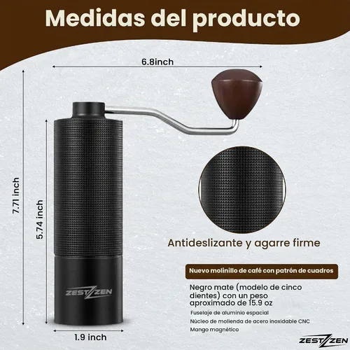 Vista 5 de Molinillo de café manual con rebaba cónica de precisión, molinillo de café manual ajustable con rodamientos dobles, molinillo de café portátil