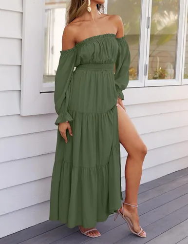Vista 78 de ZESICA - Vestido largo, bohemio y sexy, con hombros descubiertos y manga larga fruncida, con elástico fruncido, cintura alta y abertura lateral
