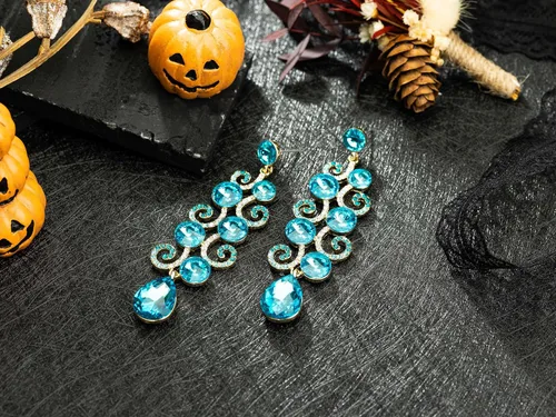 Vista 7 de RareLove Aretes de araña de diamantes de imitación azules, aretes largos colgantes para mujer, cristal de lágrima, aretes de boda para novias