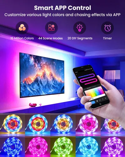 Vista 4 de Luces LED RGB+IC de 9.84 pies para TV de 32 a 43 pulgadas, tira de retroiluminación detrás de la TV con sincronización de música, aplicación