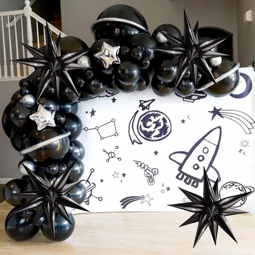 Vista 5 de FUNTOOB Globos de estrella negra, globo metálico de papel de aluminio, globos de cono negro, globo con forma de estrella en explosión