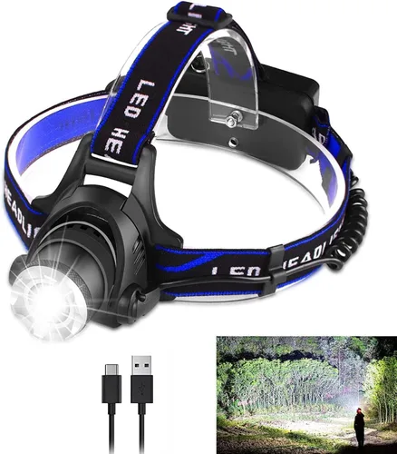 Vista 8 de Linterna de cabeza LED recargable Bud K, linterna de cabeza superbrillante mejorada de 30W, 1000 lúmenes altos con 6 modos, zoom, linterna de cabeza