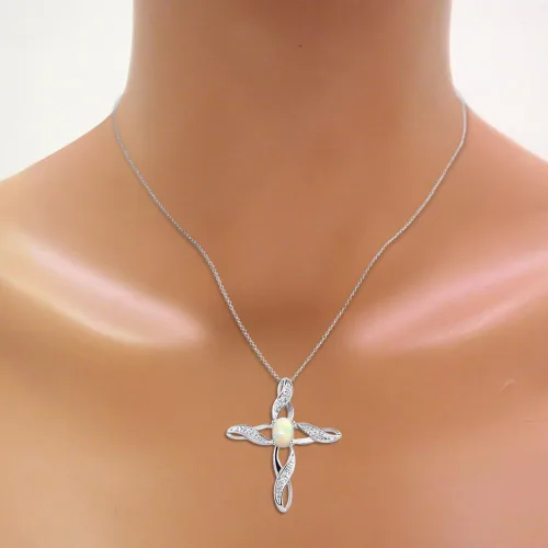 Vista 2 de Collar con colgante de cruz de diamante y ópalo en plata de ley 925