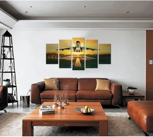 Vista 2 de VVOVV Wall Decor 5 piezas de arte de pared en lienzo de avión, hermoso paisaje nocturno de aeropuerto, imagen de decoración de avión, enmarcado