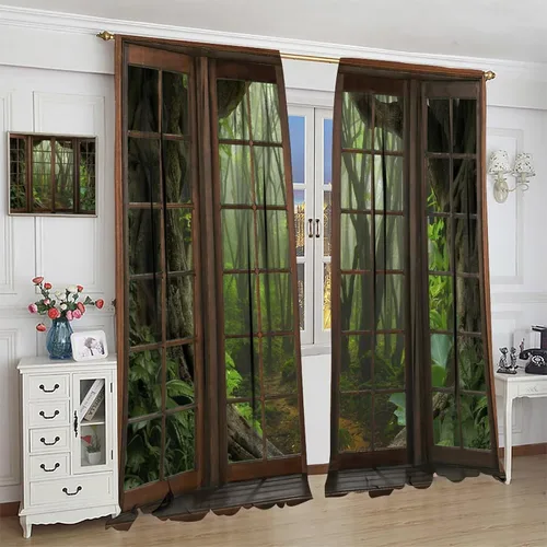 Vista 200 de Cortinas de paisaje, ventana 3D, primavera, bosque, vida silvestre, paisajes de naturaleza, dormitorio, sala de estar, cortinas térmicas opacas de 2