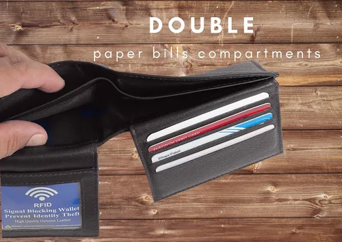 Vista 26 de Bullz RFID bloqueo de señal de protección contra robo de cuero grande grueso de seguridad para hombre cartera, Negro