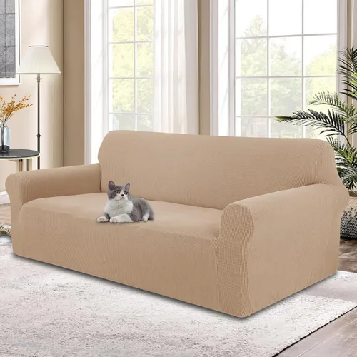Vista 20 de Funda elástica para sofá, lavable, protector de muebles con espuma antideslizante y parte inferior elástica para niños, perros (sofá biplaza/beige)