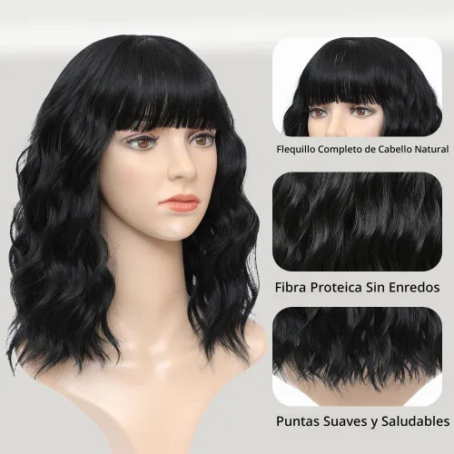 Vista 2 de Peluca negra con flequillo para mujeres negras, cabello rizado y ondulado de 14 pulgadas Negro