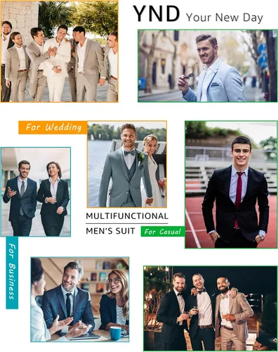 Vista 7 de YND - Traje ajustado de 3 piezas para hombre, chaqueta con 2 botones, chaleco, pantalones y corbata