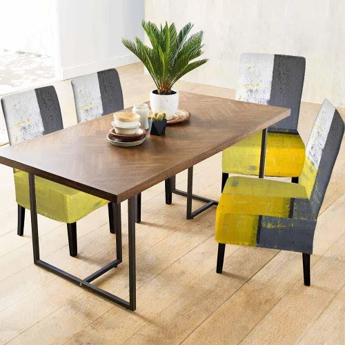 Vista 3 de 1 paquete de 1 funda para silla de comedor, pintura de arte abstracto, color amarillo y gris, patrón de pinceladas contemporáneas, de poliéster