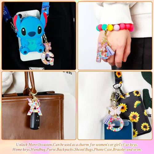 Vista 5 de SIGZKK Llavero con letra inicial de mariposa morada con borla para niñas y mujeres, llavero de corazón para mochila, cartera escolar, bolso