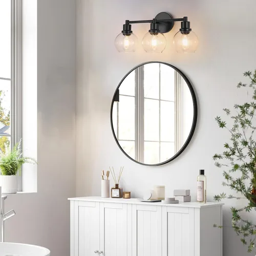 Vista 7 de Lámpara de Tocador de Baño de 3 Luces, Accesorios de Iluminación de Baño Negro con Pantalla de Globo de Vidrio Transparente, Aplique de Pared Negro