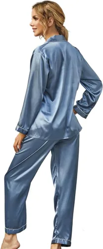 Vista 7 de Conjunto de pijama de seda para mujer, conjunto de pijama de manga larga de dos piezas, conjunto de pijama con botones, ropa de dormir
