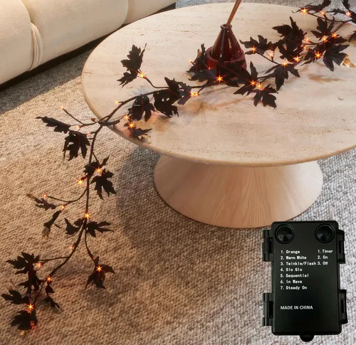 Vista 6 de Birchlitland - Guirnalda negra de Halloween de maple con luces, temporizador, 48 LED, luces de hadas naranjas y blancas cálidas, funciona