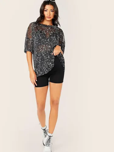 Vista 4 de WDIRARA Blusa de malla para mujer con purpurina transparente y de manga corta