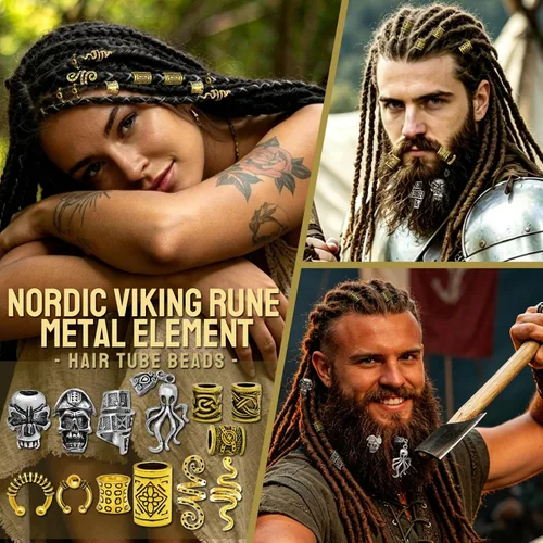 Vista 3 de 207 piezas de joyería para cabello vikingo, cuentas de runas nórdicas en tubo, kit de accesorios para trenzas, rastas, barba, locs, clips metálicos