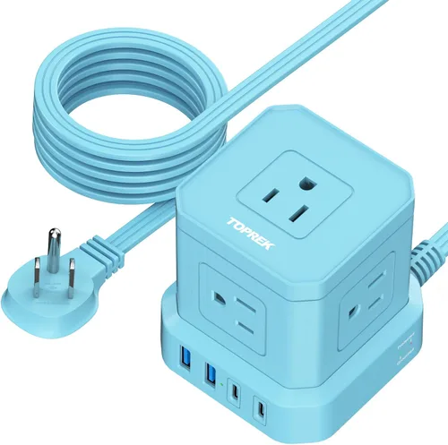 Vista 12 de Regleta de alimentación con USB-C (3.0A), protector de sobretensiones TOPREK (700J), cable de extensión de 10 pies con 5 CA y 4 USB, enchufe plano