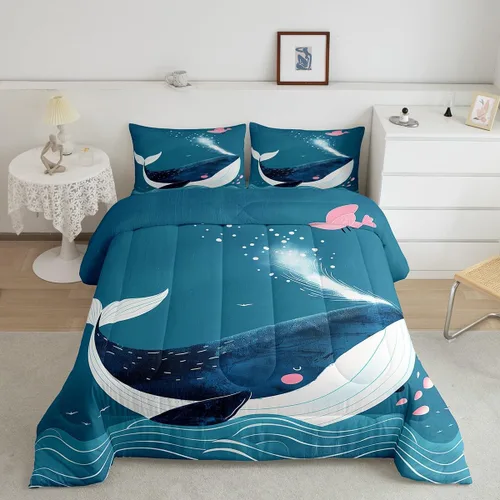 Vista 32 de Erosebridal Juego de edredón de ballena náutica, tamaño individual, juego de ropa de cama vintage azul con ondas oceánicas para niños y niñas