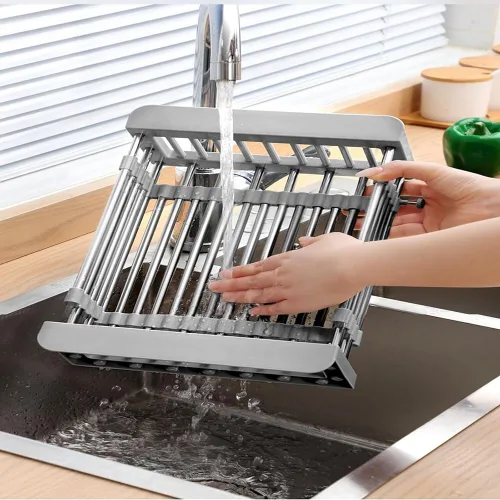 Vista 7 de Extend - Cesta de drenaje para fregadero de cocina, estante retráctil de acero inoxidable con pluma ajustable, cesta extensora multifuncional