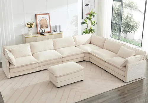 Vista 8 de ROWHY Sillón individual con otomano, sofá moderno de corduroy en forma de nube con chaise convertible, sofá tapizado para sala de estar, beige