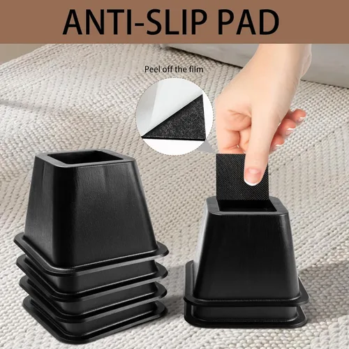 Vista 9 de Paquete de 6 elevadores para muebles de cama, de plástico de calidad de 4 pulgadas, patas de cama negras apilables para sofá, silla, gabinete