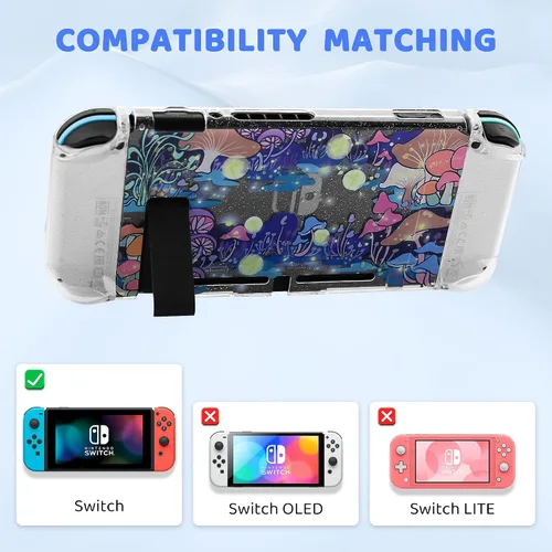Vista 5 de HYPERCASE Cute Carrying Case Set for Nintendo Switch Accessories, Magical Mushroom Hard Travel Storage Bag with Glitter Protective Cover Skin for