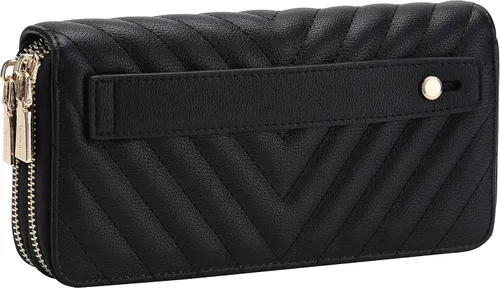 Vista 2 de Cartera de piel vegana con doble cremallera y correa de sujeción de mano, Chevron Bordado Negro