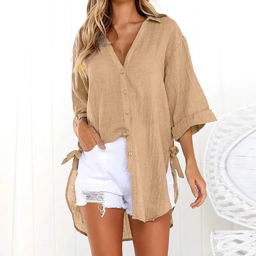 Vista 49 de Camisas de manga larga con botones para mujer, asimétricas, casuales, con cordones, túnica de gran