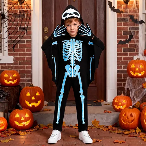 Vista 4 de Weixinbuy Disfraz de esqueleto de Halloween para niños que brillan en la Negro #1