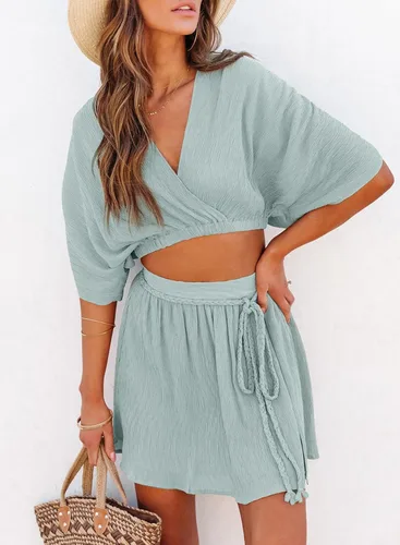 Vista 2 de Dokotoo Trajes de vacaciones para mujer, cuello en V, manga de murciélago, falda con abertura lateral, conjuntos de falda fluida para mujer, trajes