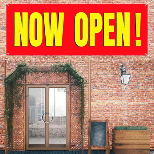 Vista 7 de Banner grande "Now Open" (abierto) para interior y exterior de poliéster, tela Oxford, letrero "Now Open" colgante para decoración de césped, Fondo