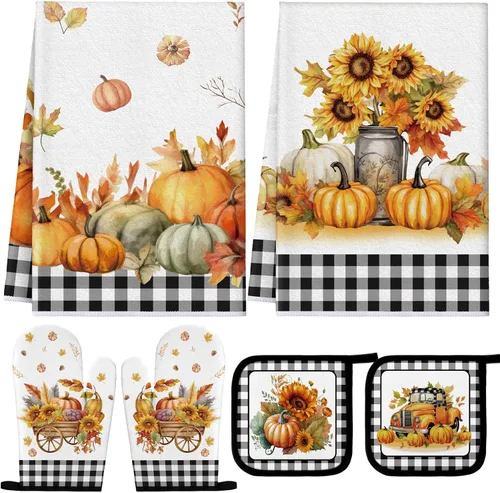 Vista 8 de Bencailor - Juego de 6 manoplas de cocina de otoño para ollas y guantes de horno, guantes de horno de calabaza azul, soportes para ollas de cosecha