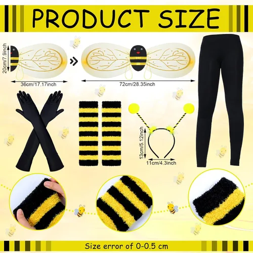 Vista 3 de Laumoi 8 Pcs Bee Costume Set Kids Bee Fancy Dress Wing Leg Warmers Pants Gloves Bee Outfit for Children Halloween Cosplay