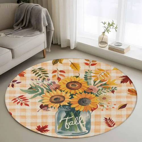 Vista 10 de Small Area Rugs 2x3 Ft, Sunflower Non-Slip Area Rugs for Living Room Bedroom Entryway, Orange Plaid Farmhouse Leaves Watercolor Retro Washable
